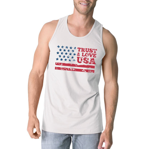 Trust Love USA Mens White Tank Top Round Neck Line Cotton Tanks